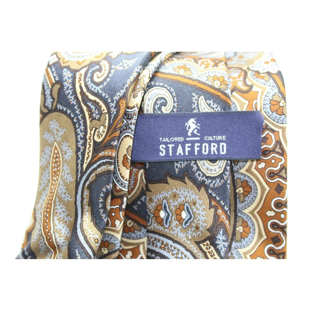 Stafford Tailored Culture Mens Silk Paisley Tie Brown Tan Blue Hand Made